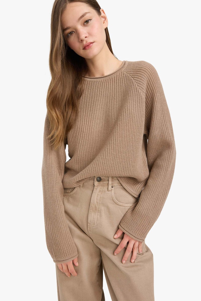 DeFacto Beige Woman Regular Fit Crew Neck Basic Dress Pullover Casual - Image 3